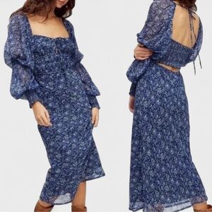 🦋 FP Free People Aglow smocked blue long sleeve midi dress size xs